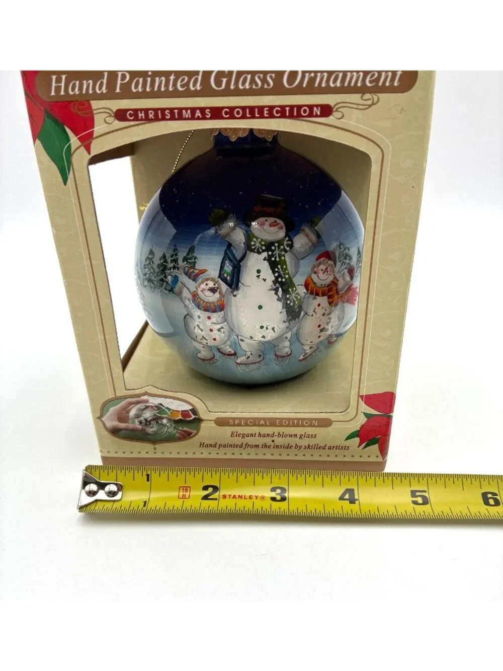 NIB Antique Heritage Hand-Painted Glass Ornament Christmas Snowman Skating 4
